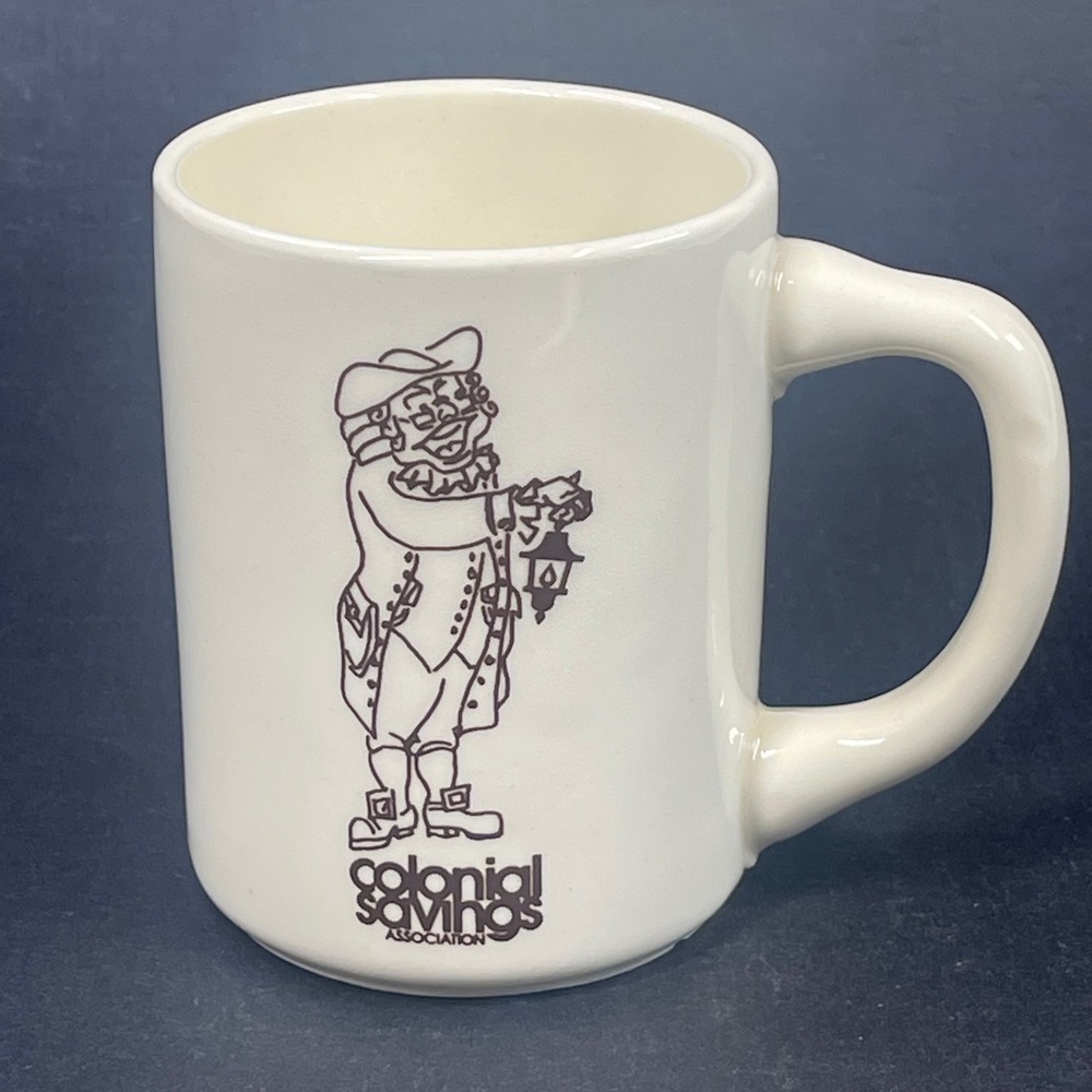 Vintage Colonial Savings Association Ceramic Coffee Mug Cream Brown Town Crier